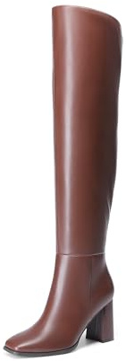 DREAM PAIRS Women's Tall Over the Knee Boots Thigh High Fall Block Chunky Heeled Knee High Long Boots with Fashion Square Toe and Side Zipper,Size 6,Brown,DWUMOB2515