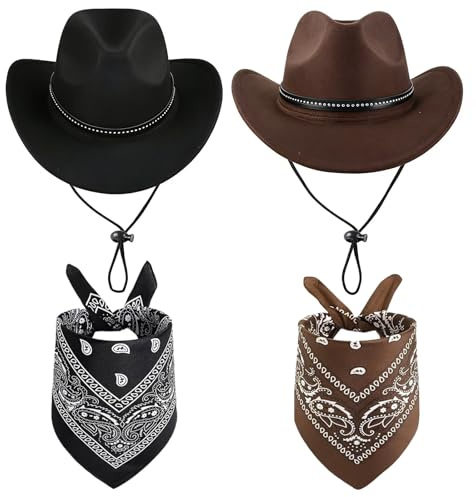 MYKAGS 2 Pack Cowboy Hats and Bandanas Set for Men and Women Vintage Denim Accessories for Parties Includes 2 Retro Cowboy Hats with Bandanas Perfect for Western Music Festivals and Themed Events