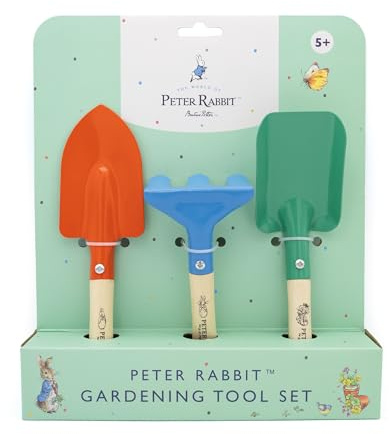 Peter Rabbit Gartengeräte-Set für Kinder – 3-teiliges Gartenset für Kinder mit Kelle, Spaten & Rechen – Starke Metallwerkzeuge mit Holzgriffen – ab 5 Jahren