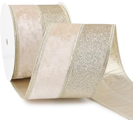 DINDOSAL Champagne Velvet Wired Ribbon 4 Inch x 10 Yards, Champagne Glitter Two Tone Wide Christmas Ribbon for Tree, Wreaths, Bows, Gift Wrapping, Wedding Decor