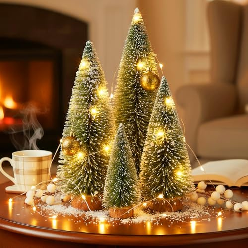 4 Stück Mini Weihnachtsbaum Künstlich Mit Warmweißen LEDs Und Schnee, Basteln Weihnachtsbäume Mit Holzsockel, Naturgetreuer Christbaum Für Tischdeko, Schaufenster, Raumdekoration-10/15/20/25cm