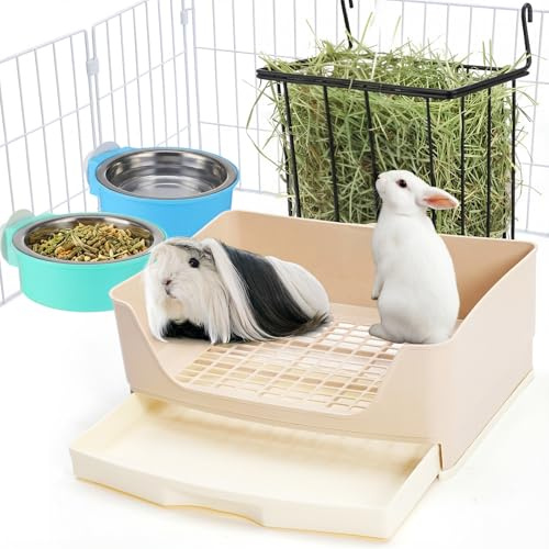 Leinuosen 4 Stück 3-in-1 Kaninchen-Heu-Futterstation mit Katzentoilette, 2 Schalen, Kaninchentoiletten-Trainer mit hängender Schüssel, Kaninchen, Meerschweinchen, Heu-Futterstation, Metall, Heuraufe