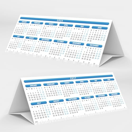 PlannerHead 2026 & 2027 Year to View Desk Calendar Planner/Stand-Up Tent Card / 2 Year Desk Calendar/Laminated Blue/Made in UK/Sustainable Materials