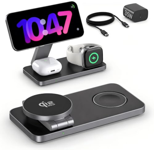 EXW Caricatore Wireless con Qi2.2 25W Compatibile con MagSafe, Stazione di Ricarica Wireless 3 in 1 per iPhone 17 16 15 14 13 12, Apple Watch 11-4/Ultra/SE, AirPods, con 35W Adapter
