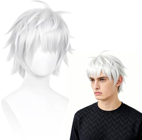 Anime Cosplay Perücke, Silbergraues kurzes Haar mit Perückenkappe, Kurze Flauschige Silber Weiß Anime Rollenspiel Perücke, Cosplay Kostümzubehör, für Halloween, Party, Karneval