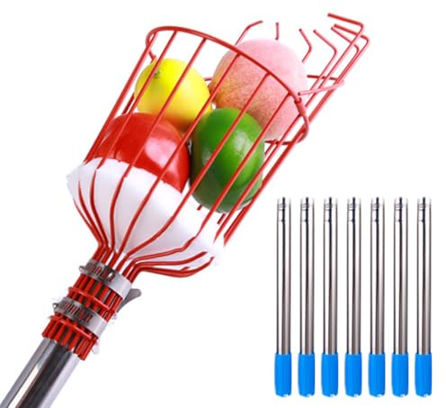 MYXJX cueilleur de Fruits, Cueilleur de Fruits avec Panier, Coussinet Protection en Mousse, Acier Inoxydable for Pommes, poires, Citrons et Oranges(2.8m)