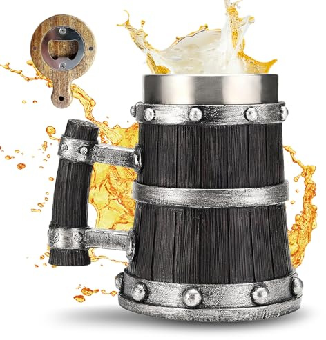 Boccale da birra vichingo da uomo, in acciaio inox e legno, stile nordico medievale, con apribottiglie, decorazione rinascimentale per bar, ideale per gli amanti della birra, boccale durevole per