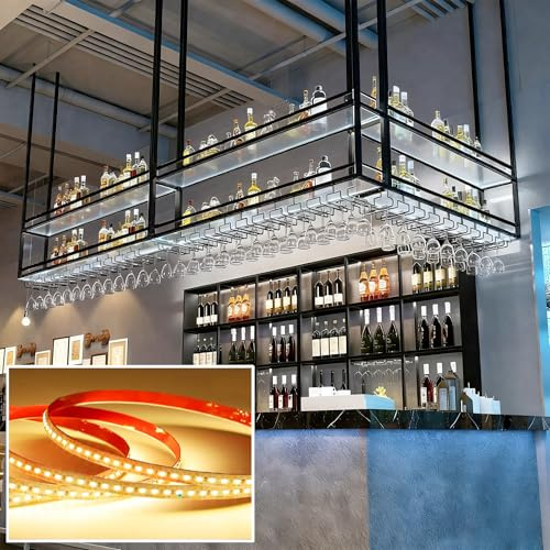 Portabottiglie da soffitto in Acrilico, portabicchieri da soffitto con portabicchieri e trasparente ripiano, portabottiglie da bar a 2 livelli, per bar, ristorante, caffetteria e cucina (80cm)