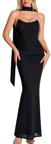 EYNMIN Corset Maxi Wedding Guest Dresses for Women with Scarf Strapless Tube Elegant Bodycon Ruched Mesh Long Formal Dress Black