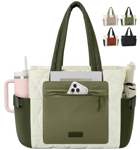 RAINSMORE Work Tote Bag for Women, 15.6 Inch Puffer Travel Tote Bags, Lightweight Quilted Laptop Bag for Teacher Nurse, Large Computer Handbag with 40oz Water Bottle &19 Pockets, Green-Beige