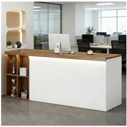 Empfangstheke mit LED-Beleuchtung Empfangstheke mit abschließbarer Schublade Kassentheken für Büro-Empfangsbereich Nagelstudio Spa 2-stöckiger offener Frontschrank,H Right,150x60x90cm