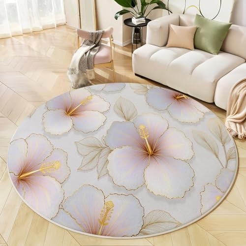 ALTCIRNMD Reihen Von Hibiskusblüten Weiß Weicher Runder Kurzflor-Teppich Aquarellillustration Für Wohnzimmer & Schlafzimmer,Einfache Pflege,Heimbüro-Dekoration,100Cm Durchmesser