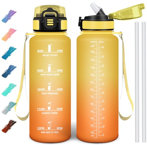 Motswedi Botella Agua 1500 ml, Botella Agua Gimnasio sin BPA con Marcador de Tiempo, Plastico Botella de Agua Deportiva Motivacional, con Pajita Amarillo & Naranja