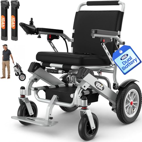 VOCIC V62 - Sedia a rotelle elettrica a doppia batteria, pieghevole, leggera fino a 136 kg, 25 KM, elettrica con pneumatici, 500 W e autorizzazione aerea, supporto 3 anni (argento spaziale)