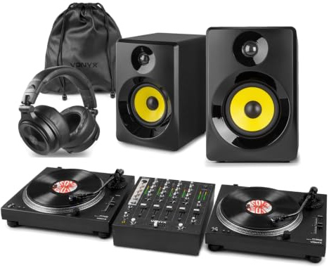 Vonyx Home DJ Setup with 2 DT6000 Direct Drive Turntables, 4 Channel Mixer, Active Monitor Speakers and DJ Headphones, Complete Vinyl DJ Decks Turntables Setup for Home Mixing
