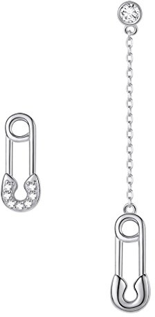 Suplight Damen Asymmetrie Ohrringe 925 Silber Sicherheitsnadel Design Ohrhänger platiniert Zirkionia Mädchen Schmuck für Valentinstag Geburtstag Muttertag(silber)