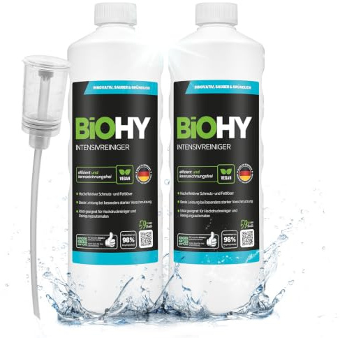 BiOHY Intensivt rengöringsmedel (2 x 1l flaska) + doser | Högpresterande INDUSTRIAL CLEANER | Grundrengöring idealisk för högtrycksrengörare, lågskummande (Intensivreiniger)