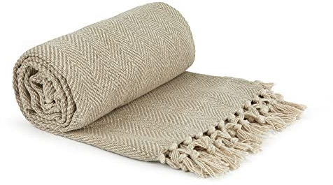 Emma Barclay Manta de algodón Reciclado con diseño de Espiga, para sofá, Cama, Color Natural, 90 x 100 cm (228 x 254 cm)