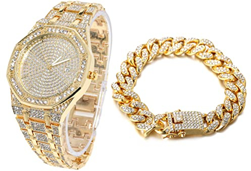 HALUKAKAH Diamant guldklocka, herr pläterad äkta guld 18K/vitt guld platina 40 mm bredd åttkantig rund urtavla kvarts armband 22 cm med länk kedja 20 + 45 cm halsband armband