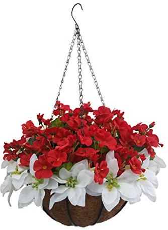 Haus Und Hochzeit DIY Seide Schöne Künstliche Rote Begonie Blumen Und Künstliche Weiße Weihnachtsstern Weihnachtsblumen Dekoration Kette Hängekorb (Medium Basket)