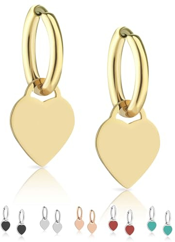 inSCINTILLE Boucles d'Oreilles Créoles Femme avec Pendentif en Forme de Cœur en Acier Inoxydable (Or)