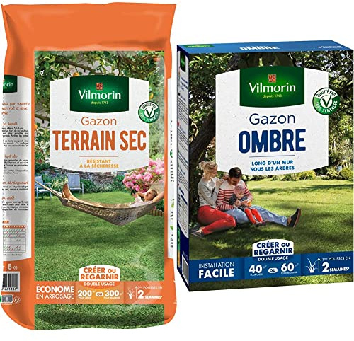 Vilmorin 4460516 Gazon Terrain Sec, Vert, 5 kg & 4466514 Gazon Ombre, Vert, 1 kg