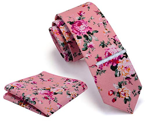 Gusleson Mens Cotton Tie Sets Pink Floral Skinny Ties for Men Slim Tie Fashion Thin Necktie and Pocket Square Set (UK0941-12)