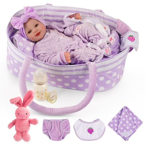 BABESIDE Lifelike Reborn Baby Dolls with Bassinet, 17 Inch Soft Body Realistic Newborn Real Life Girl Baby Dolls Soft Vinyl and Cloth Body with Basket & Feeding Kit Gift Box for Kids Age 3+