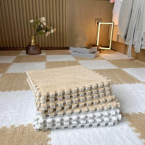 20 Pcs Plush Exercise Carpet Tiles,Interlocking Puzzle Foam Floor Mat,Jigsaw Floor Play Mats,Area Rugs,11.8x11.8 Inch(Size:0.23 inch,Color:Apricot+White)