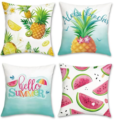 Bonhause 4er Set Kissenbezüge Sommer Früchte 45 x 45 cm Wassermelone Ananas Samt Soft Dekorative Kissenhülle Zierkissenbezüge für Sofa Zuhause Patio Dekoration