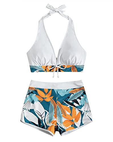 Maillot de Bain Femme 2 Pieces Push up Rembourré Taille Haute Bikini Maillot String Femme Pin up Shorty Imprimée Ete Vintage Pas Cher Trikini Maillot de Bain Femme Amincissant Blanc L
