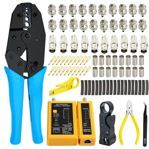Gaobige Kit de herramientas de cable coaxial, herramienta de crimpado BNC para RG58, RG59, RG62, RG174, 20 conectores RG58 BNC macho, 10 conectores BNC hembra a hembra, probador de cable de tubo