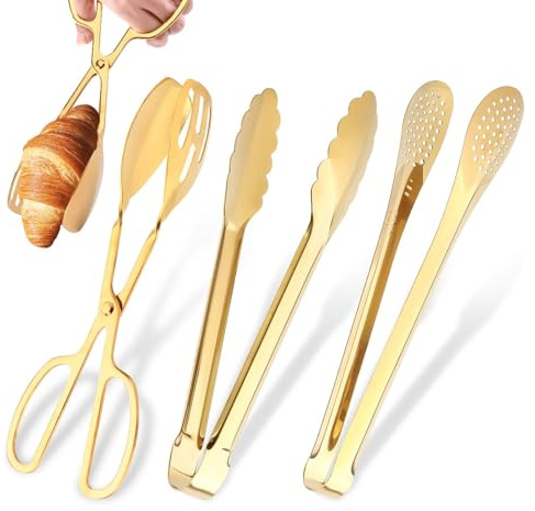 Serving Tongs,Stainless Steel Buffet Tongs, Kitchen Tongs Serving Utensils for Salad Buffet Appetizer Dessert Food Parties Wedding Party Catering, 3 Different Type Food Tongs(Gold)