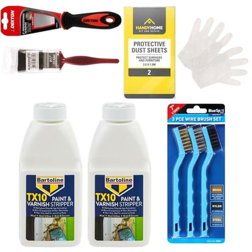 Twin Pack (2x500ml) Paint Stripper Wood & Paint Stripper Metal – Complete Paint Remover for Wood & Paint Remover for Metal Kit with Scraper, Gloves, Wire Brushes, Dust Sheets & Brush – Varnish Remover