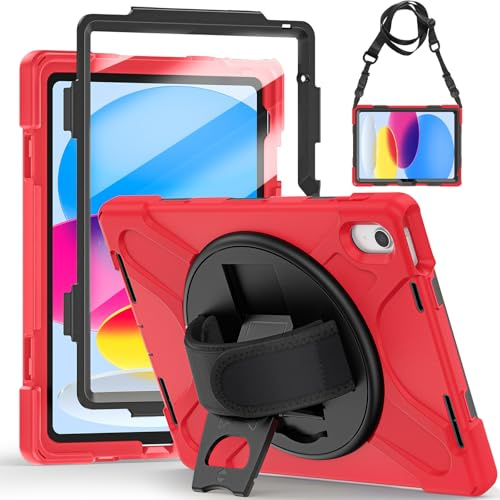 Gerutek Coque Antichoc pour iPad 11ème 2025 (A16) / 10ème Génération 2022, (11/10.9 Pouces), Étui Robuste avec Protection D'écran, Support Rotatif à 360°, Dragonne et Bandoulière, Porte-Stylet, Rouge