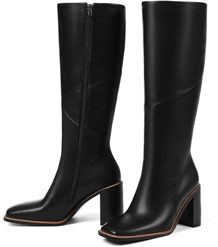 Knee High Boots for Women-Grakihily 3.1 Inch Chunky Heel Square Toe Leather Boot,2025 Fall/Winter Botas Para Mujer Slip Resistant Zip Up Tall Boots,Black Size 8.5