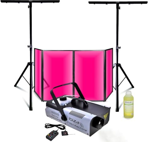 Ibiza - Pack DJ Façade 1200 x 700-2 Pieds Supports Éclairage - Machine Fumée Ibiza LSM1500PRO DMX 1500W - Soirée Sono Mariage Fête