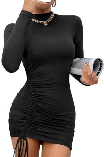 Sukiglam Women's Mini Dress Sexy Long Sleeve High Neck Bodycon Dresses Side Drawstring Short Dress Elegant Tight Ruched Dresses for Party Cocktail Going Out Clubwear