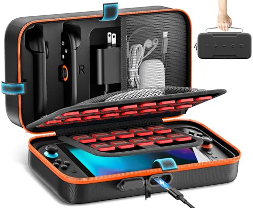 Gersker Étui de Transport pour Switch/Switch OLED/Switch 2, Protection Coque Housse avec Port de Charge Intégré, Stockage Cartouches, Filets de Rangement, Orange