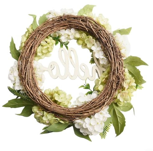Honseadek Corona artificial de hortensias verdes de 40 cm con letrero de saludo para puerta delantera, decoración de fondo de pared, interior y exterior, hogar, jardín, boda, fiesta