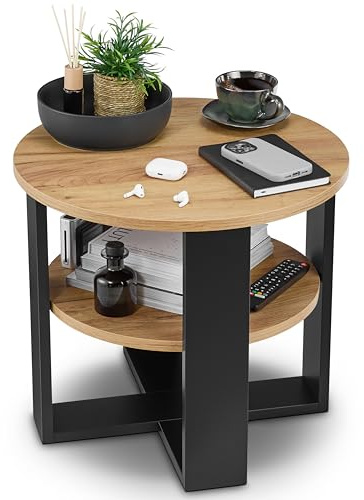 defiPad Couchtisch rund Eiche Ø53 cm - Kleiner Beistelltisch mit Ablage - 2 Ebenen, runder moderner Kaffeetisch im Industrial Design - Hergestellt in der EU