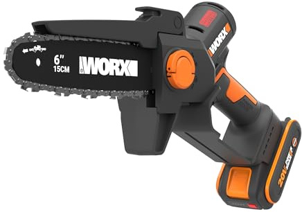 WORX WG327E Akku Mini-Kettensäge 20V, 15cm Schwertlänge, bürstenloser Motor, werkzeugloser Kettenwechsel und -spannung, inkl 2Ah Akku und Ladegerät (kompakt, leicht und Strauchpflege)