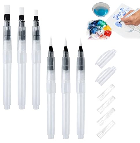 6 Pcs Water Brush Pen, Refillable Water Pen Watercolour Brush Pens Set | Water Paint Brush Watercolour Pens Water Brushes with Fine, Medium, and Large Tips for Watercolour Painting, Sketching