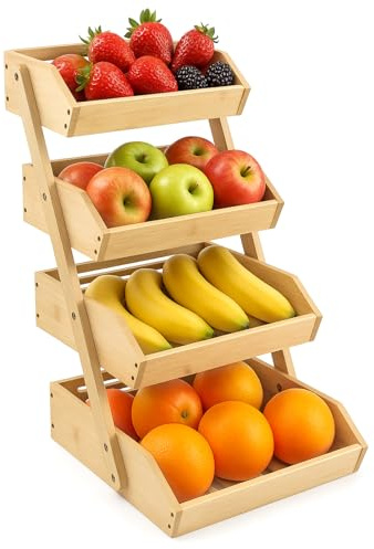 Trintion Bamboo Fruit Basket 4-Tier Bowl Holder Fruit Rack Holder Organiser for Countertop Decorative Fruit Bowl Vegetables Bread Storage Stand for Kitchen Home Decorative Storage