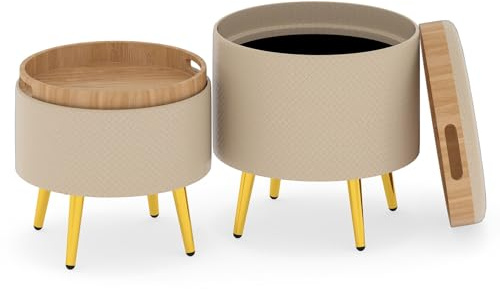 COSTWAY Set med 2 Ottomaner med Förvaringsutrymme, Fotpall med Bricka och Halkfria Metallben, 2 i 1-Sittpall och Sidobord, Rund Förvaringspall för Vardagsrum och Sovrum