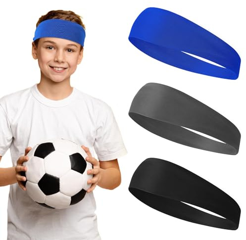 3 Pcs Kids Sports Headbands Boys Girls Athletic Elastic Sweatbands Children Soft Moisture Wicking Hairband Absorbing Sweat Band for Football Basketball Running Tennis (Black, Blue, Gray)