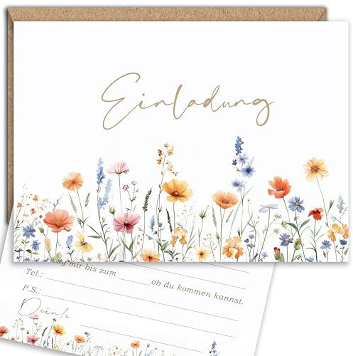 E&G Klasse 10x Einladungskarten Wildblumen mit 10 Kraftpaier Optik Umschlägen Erwachsene Frauen A6 Bunt Braun Weiß Einladungskarte Feier Fest Einladung Party Hochzeit Jubiläum