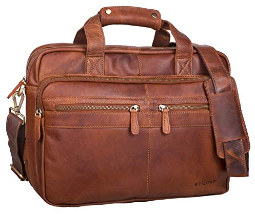 STILORD 'Explorer' Lehrertasche Leder Herren Damen Aktentasche Büro Schulter- oder Umhängetasche für Laptop mit Dreifachtrenner Echt Leder Vintage, Farbe:cognac - braun