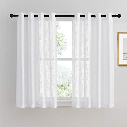 PONY DANCE Net Curtains for Windows 54 Drop - Semi Transparent Voile Curtains for Kitchen/Living Room, Lightweight White Short Woven Sheer Panels with Elegant Eyelet Top, Set of 2, 52 x 54 Inches
