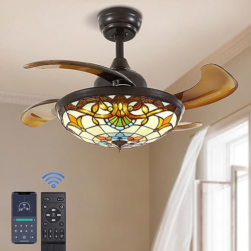 APBEAMLighting 36 Tiffany Style Ceiling Fan with Lights Remote Control Vintage Stained Glass Retractable Ceiling Fan with Light Retro Led Dimmable Fandelier Fixture with 4 Reverse Blades for Bedroom